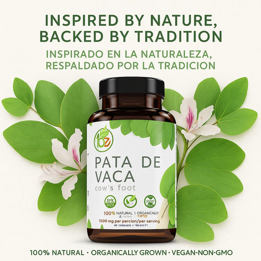 Packaging front of Pata de Vaca Capsules showing product name and features