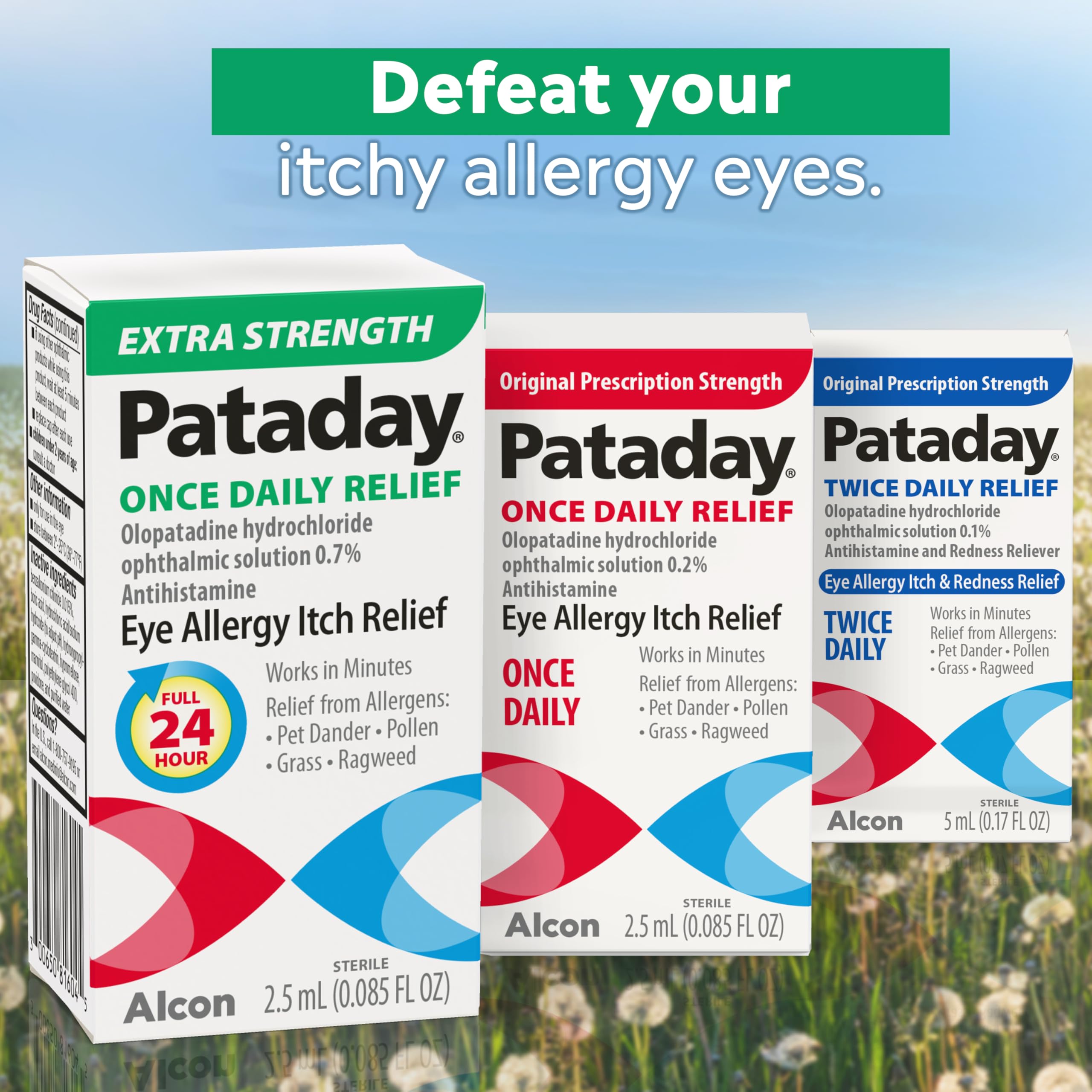 Pataday in allergy season scene suggests pollen-relief possibilities.