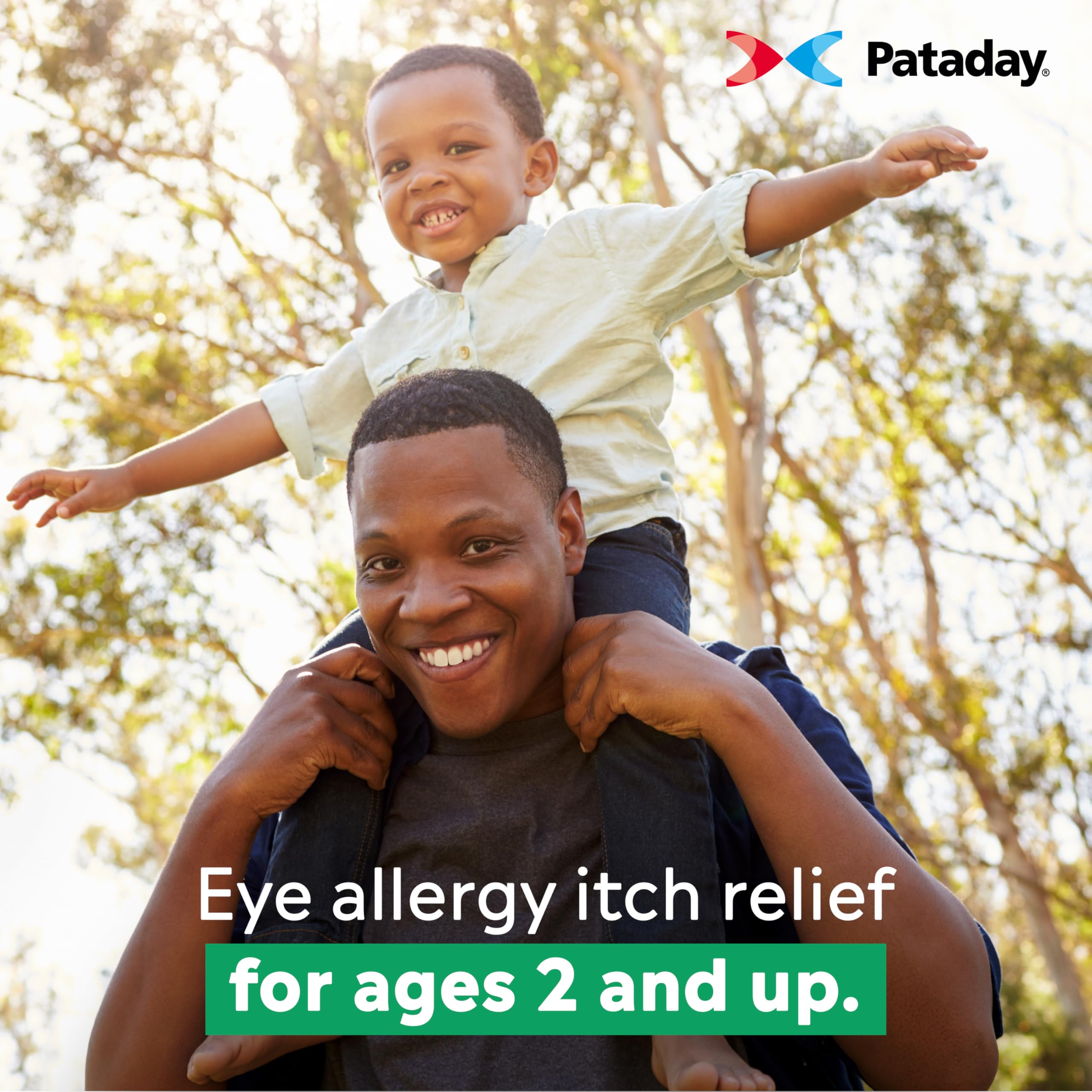 Pataday hand applying a single drop shows simple twice daily use.