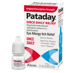 Pataday Once Daily Relief eye drops bottle front promises quick itch relief.