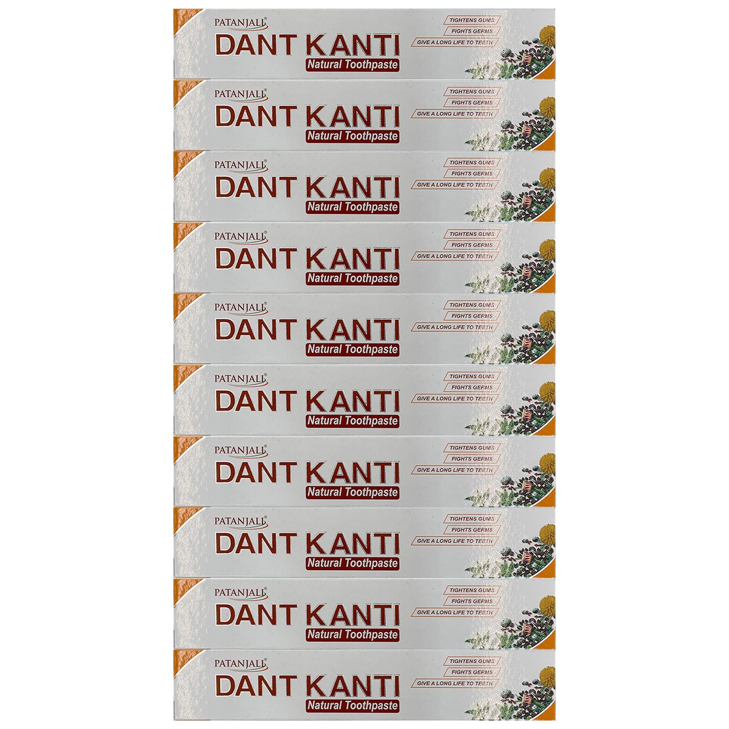 Front view of Patanjali Dant Kanti Natural Toothpaste 100g pack of 10
