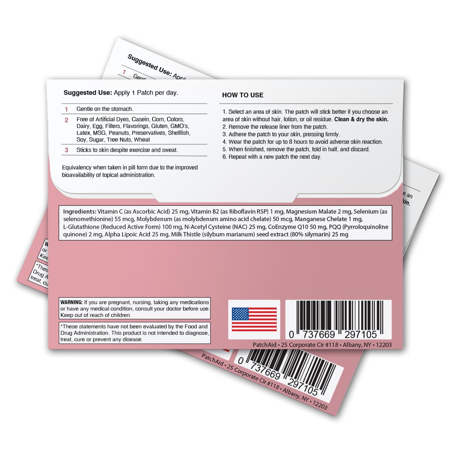 PatchAid packaging showing allergen-free claims