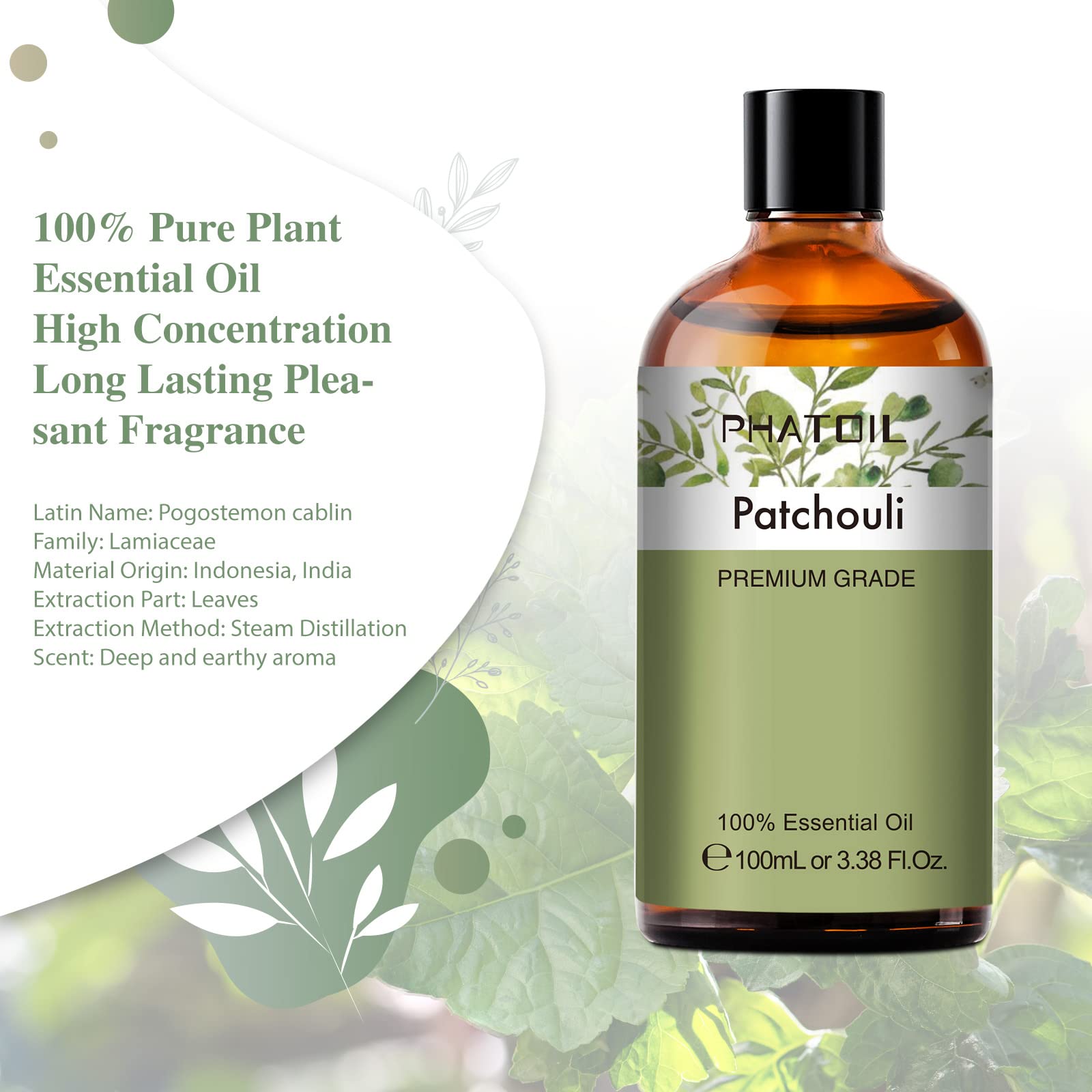 Back label of Patchouli essential oil bottle