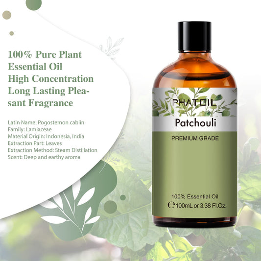 Back label of Patchouli essential oil bottle