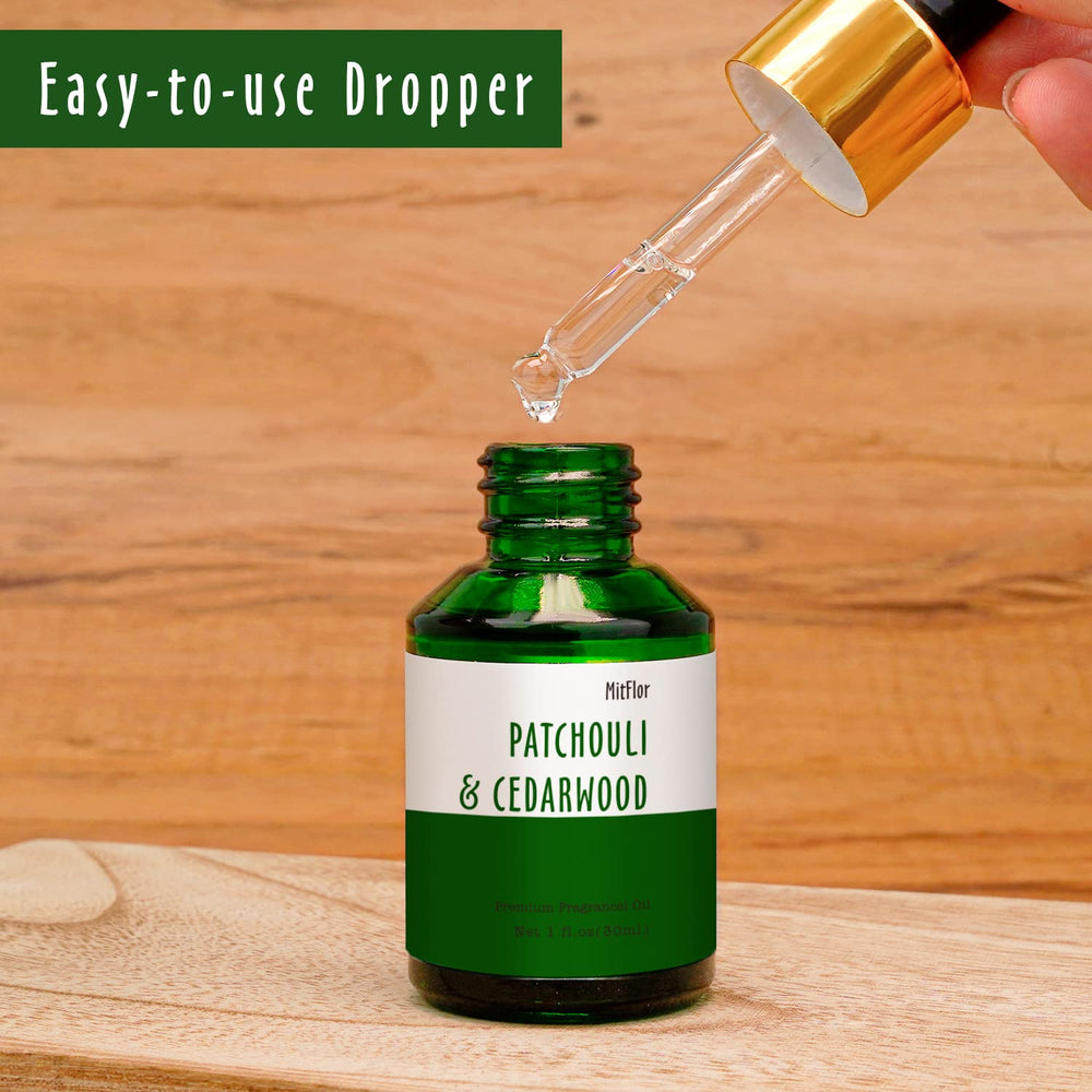 Woodsy Patchouli & Cedarwood notes visual for fragrance oil