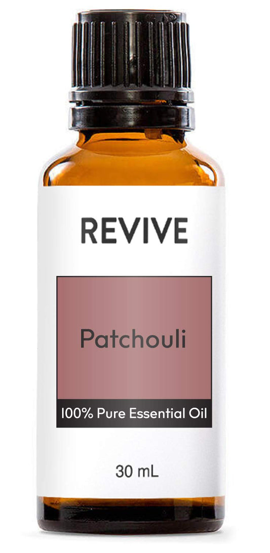 Close-up of patchouli essential oil bottle showing aroma