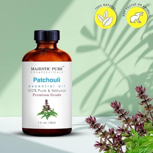 Patchouli essential oil bottle labeled 100% pure and natural