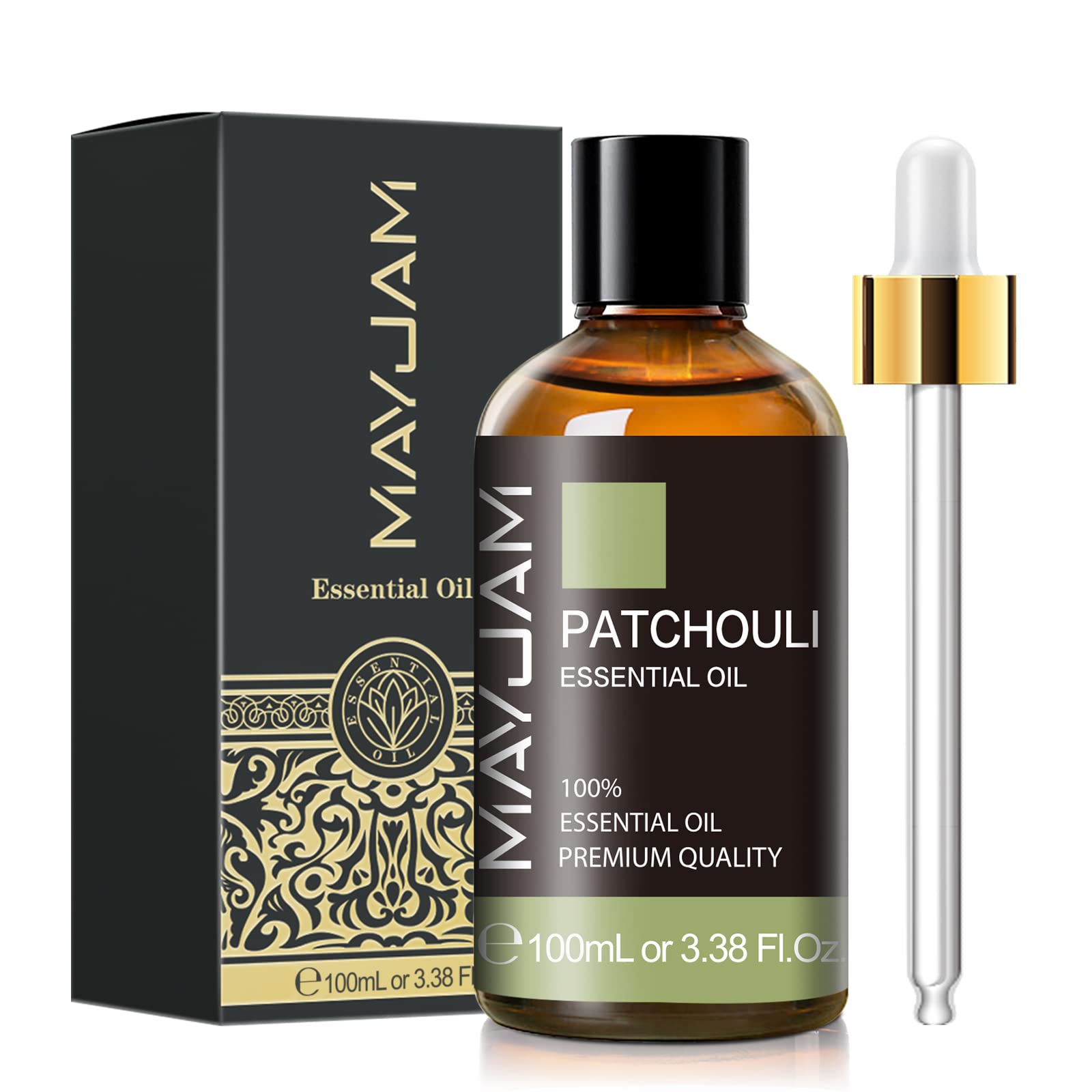 Patchouli essential oil in an amber glass bottle (100 ml)