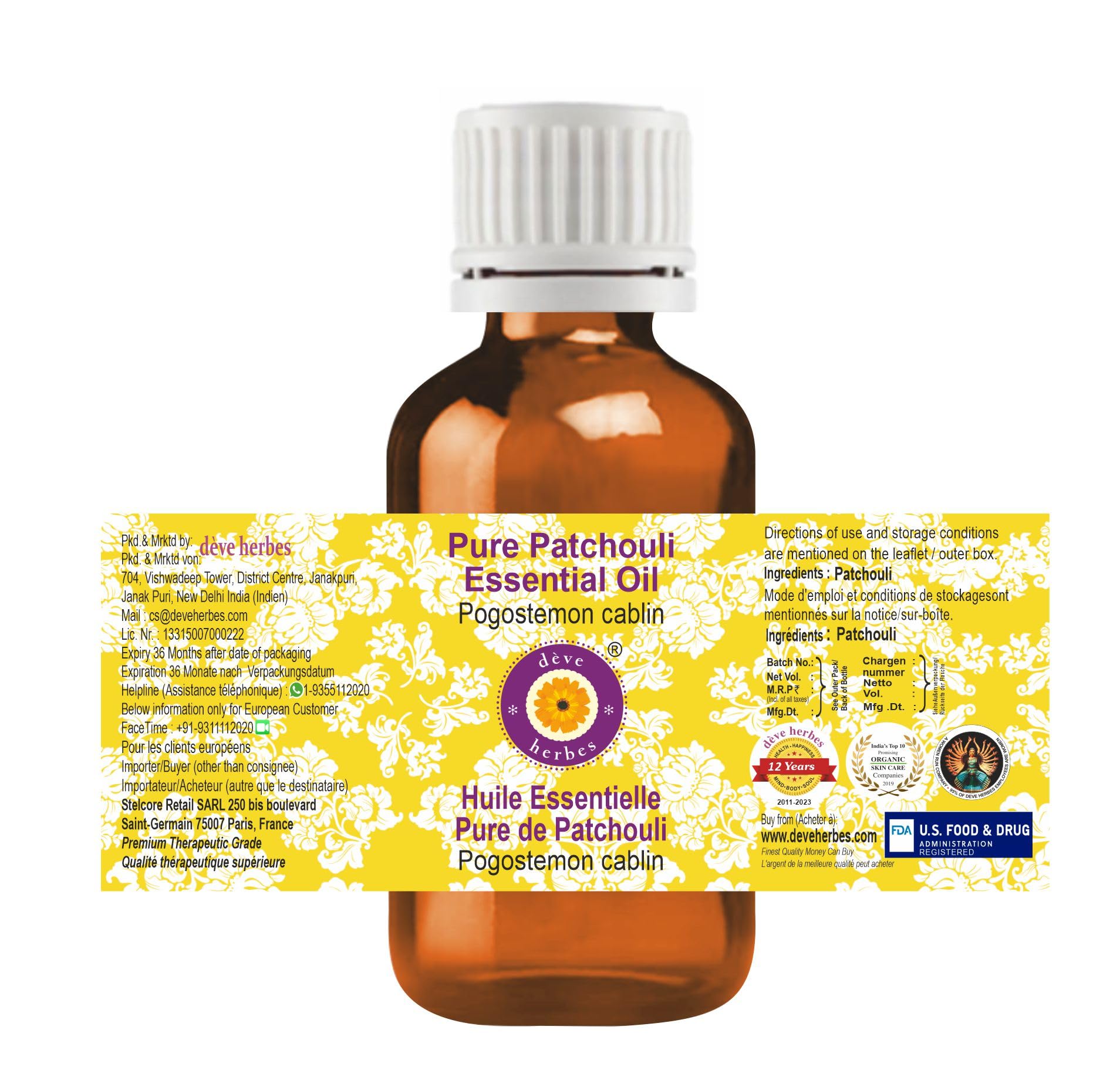Patchouli essential oil steam distilled Pogostemon cablin label