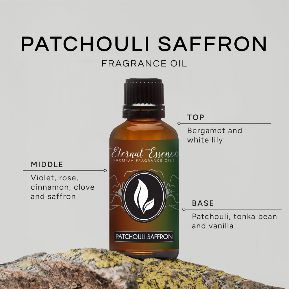 Close-up of Patchouli Saffron 30ml amber bottle with dropper cap