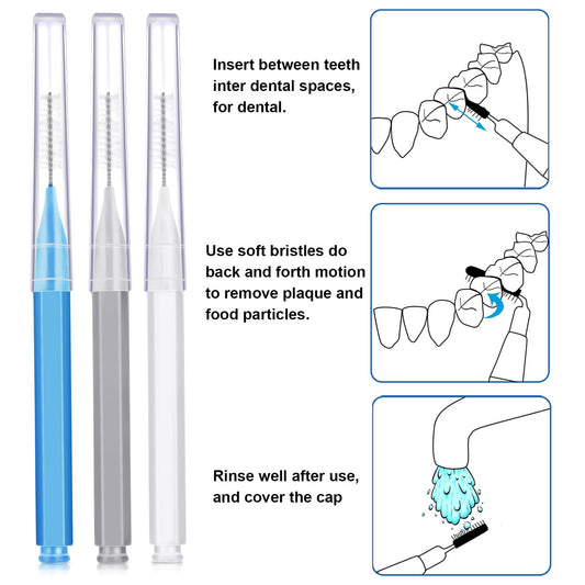 Interdental brushes close-up with grey handle and blue bristles