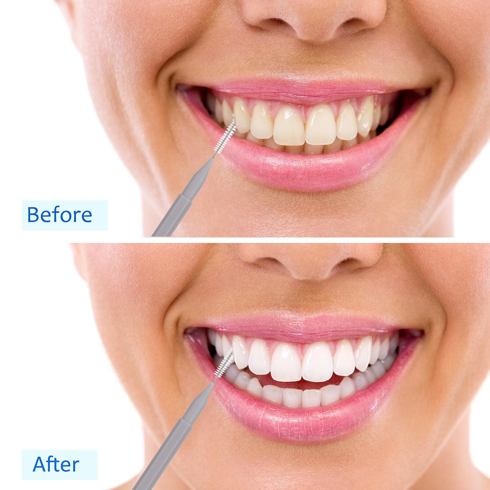 Package includes 100 interdental brushes in multiple colors
