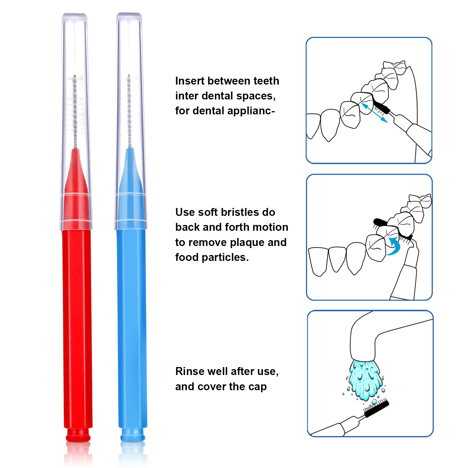 Interdental brush set showing blue and red brushes with nylon-coated wires