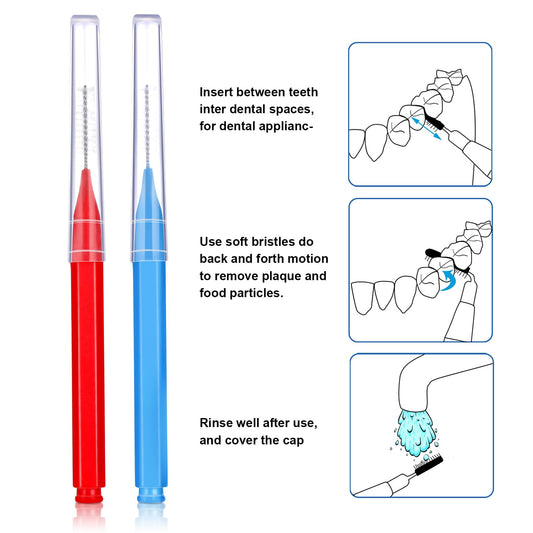 Interdental brush set showing blue and red brushes with nylon-coated wires