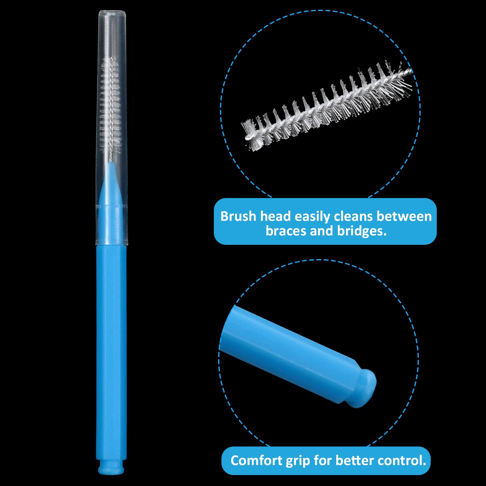 Interdental brush close-up tip for cleaning between teeth