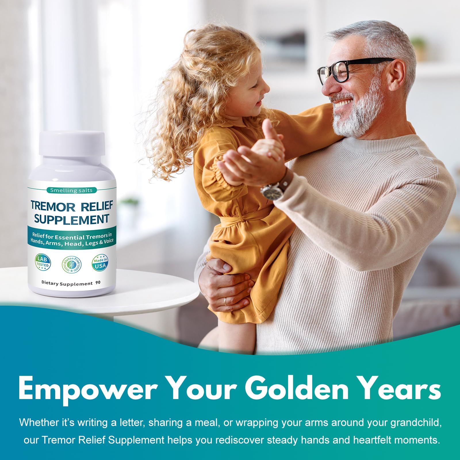 Person writing and eating with tremor relief supplement