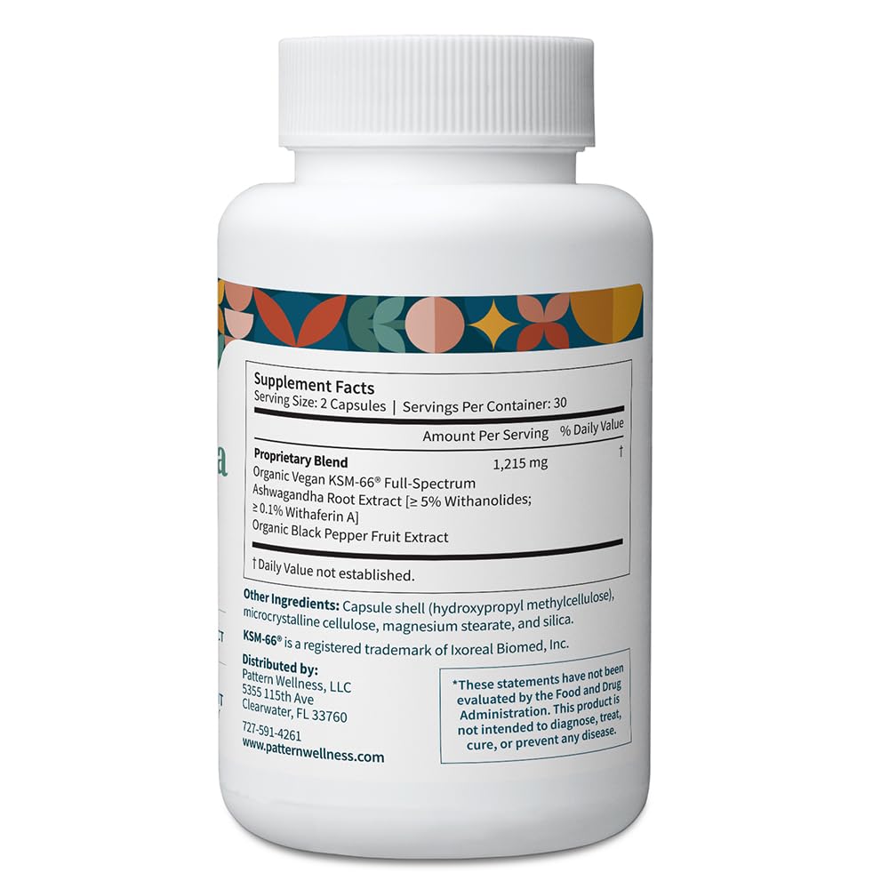 Pattern Wellness Ashwagandha Complex packaging front showing organic ingredients and clean label