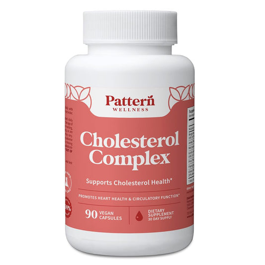 Bottle of Pattern Wellness Cholesterol Complex with 90 vegan capsules