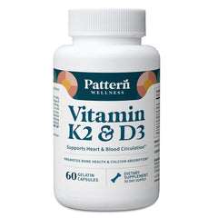 Pattern Wellness Vitamin K2 D3 bottle front illustrating bone and circulatory support potential.