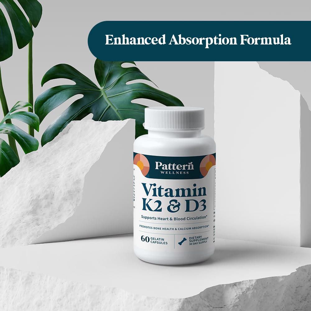 Pattern Wellness Vitamin K2 D3 glass with bottle conveys premium wellness routine.
