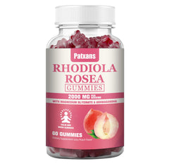 Patxans Rhodiola Rosea Gummies bottle with peach flavor close-up