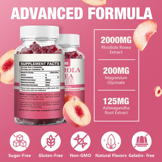Label showing 2000mg Rhodiola Rosea extract, 200mg magnesium glycinate, 125mg ashwagandha