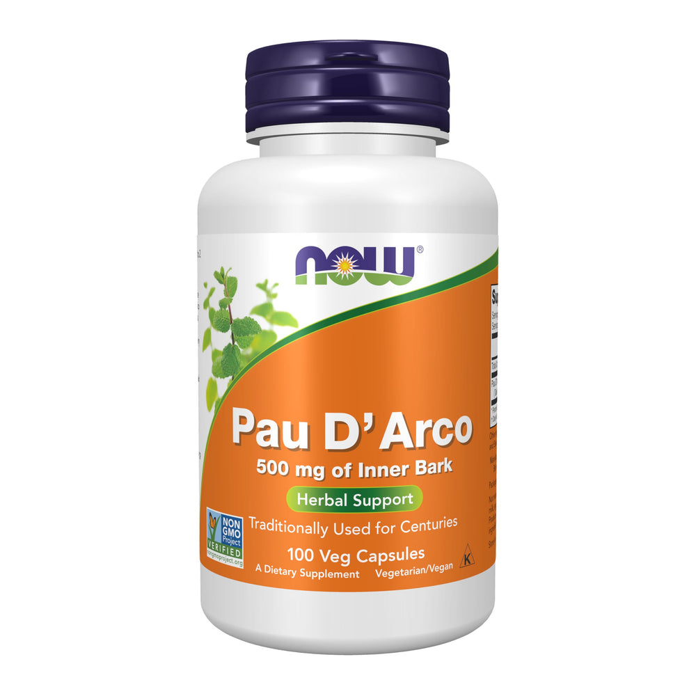 NOW Foods Pau D'Arco 500 mg vegan capsules bottle on white background