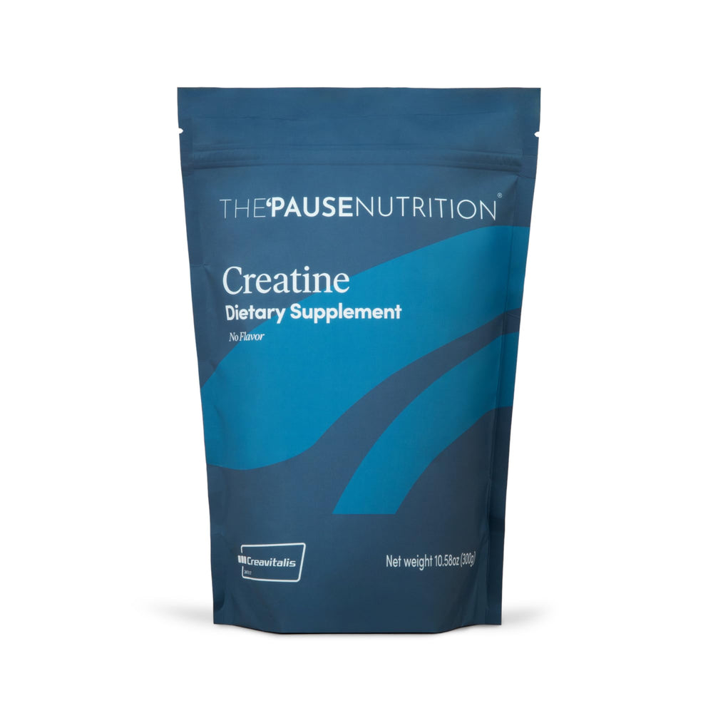 Pause Life Creatine Powder tub front shows a gluten free vegan formula for active training