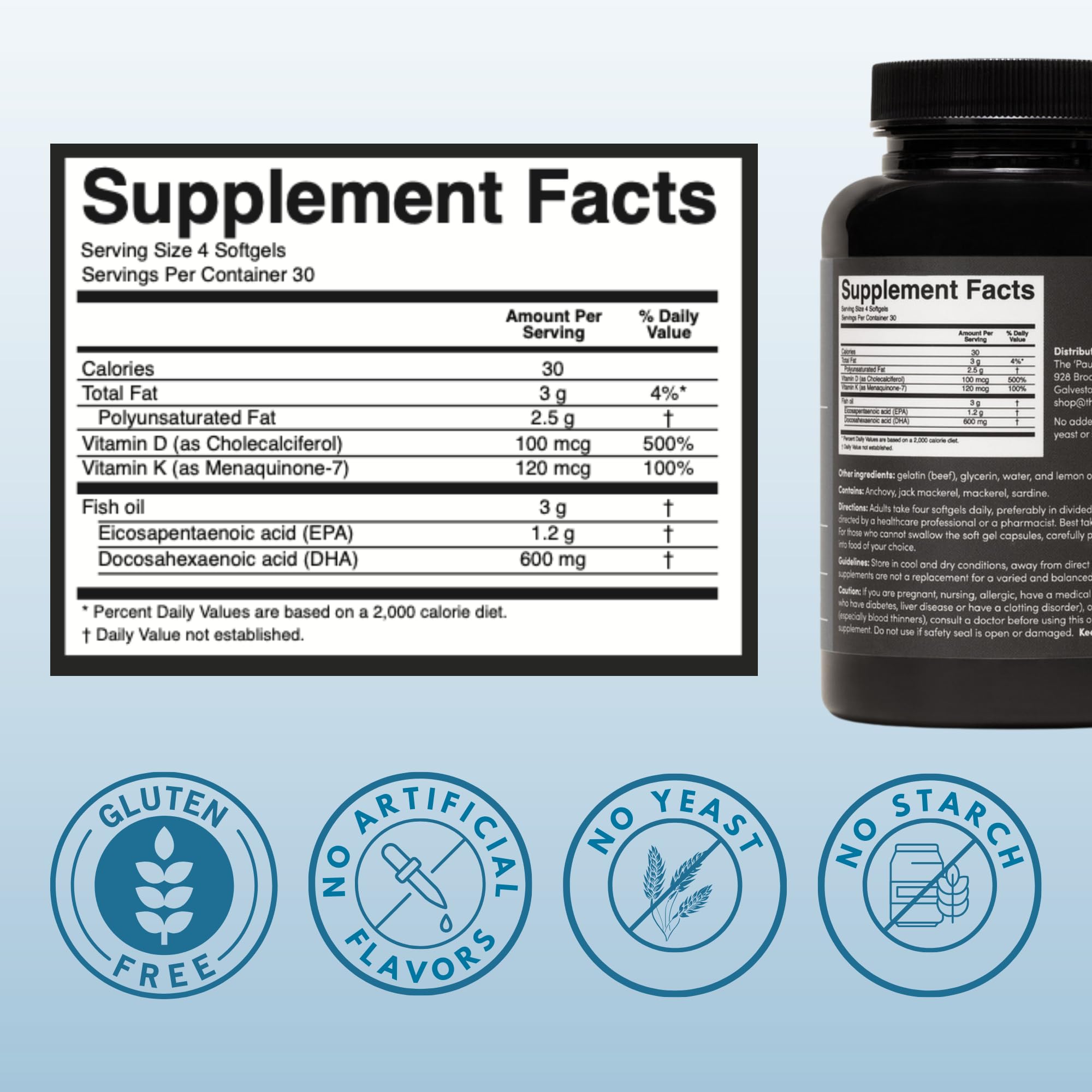 The Pause Life omega-3 bottle back label with D and K2 details for informed use.