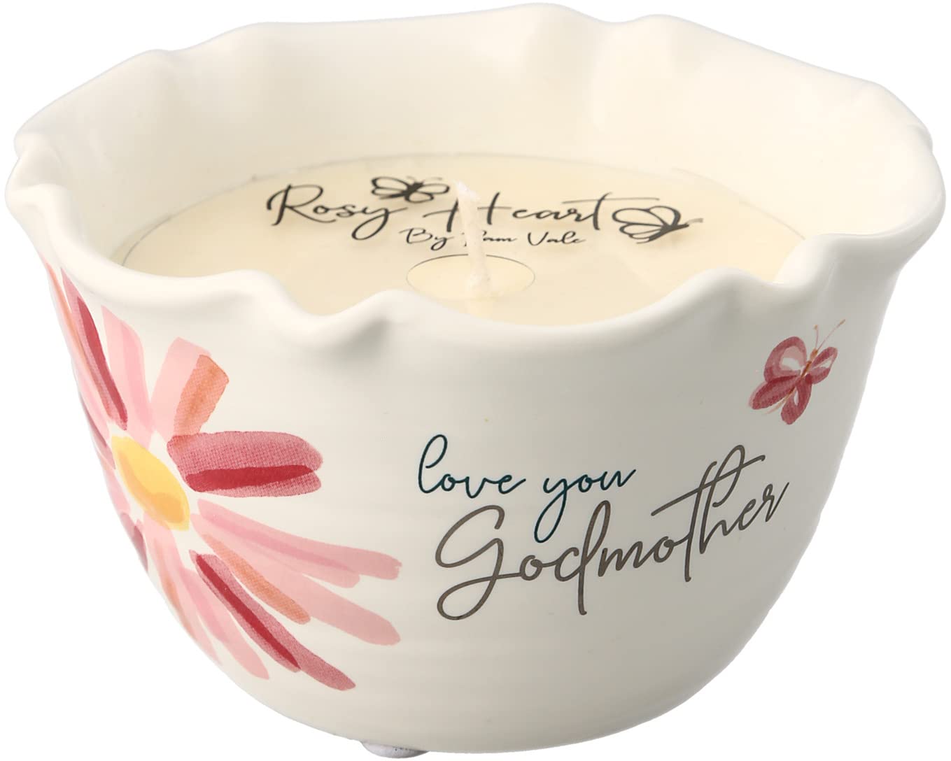 Pavilion Gift Company Love You Godmother candle front design features pink orange blooms and butterfly.