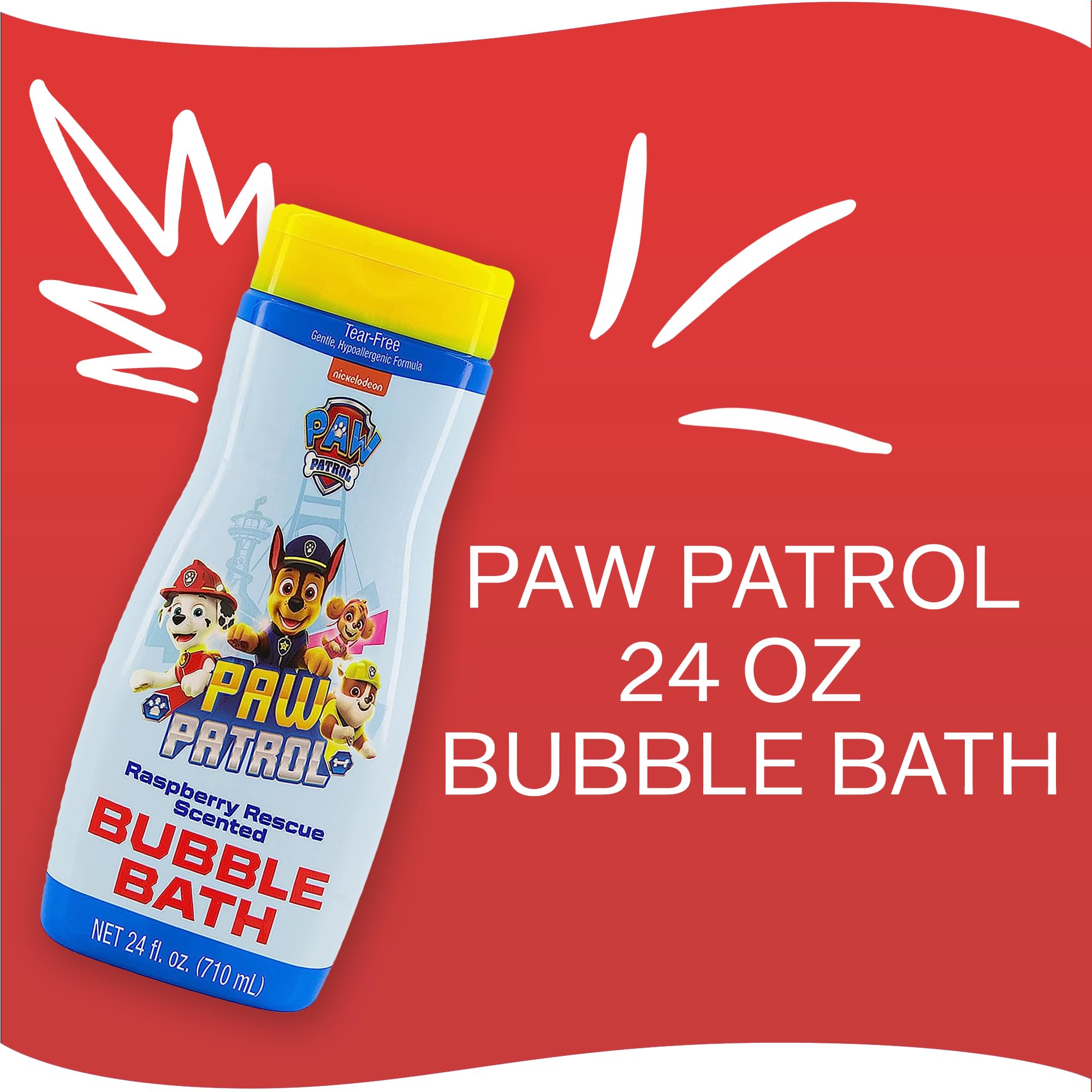Paw Patrol bubble bath kid bath time scene with buoyant bubbles and smiles.