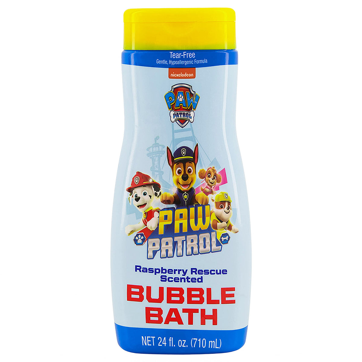 Paw Patrol Raspberry Rescue bubble bath bottle front for gentle, enjoyable bath time.