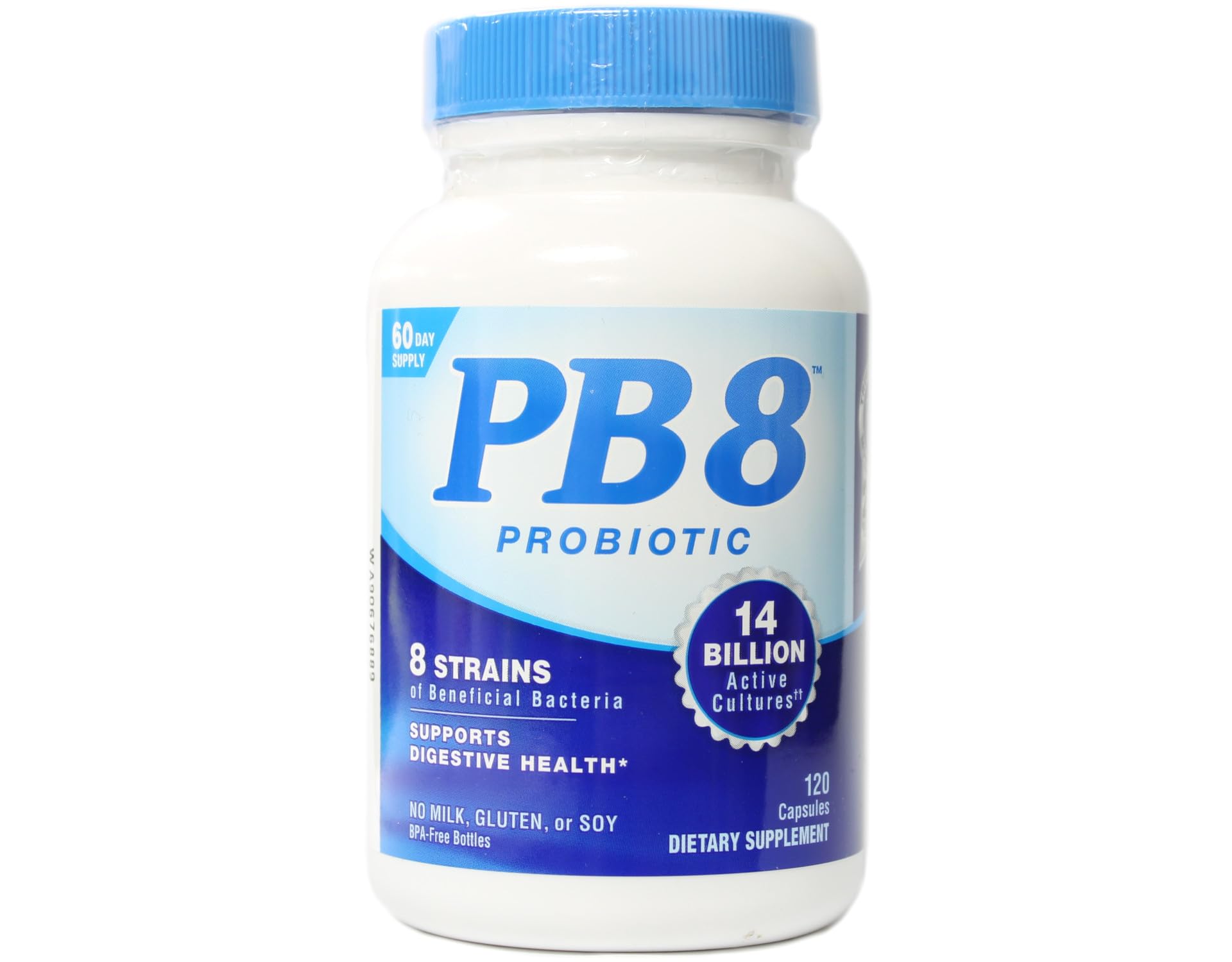 Close-up of PB8 bottle highlighting 14 billion CFU per bottle.