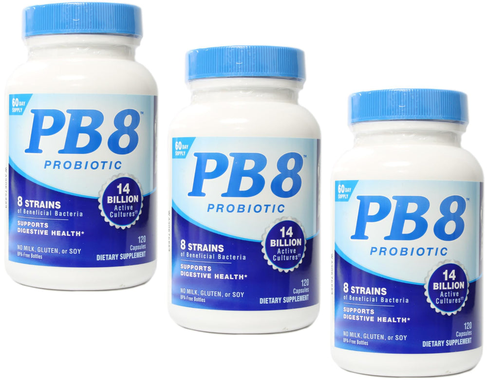 PB8 Probiotic 3-Pack bottle front with 120 capsules for daily digestive support.