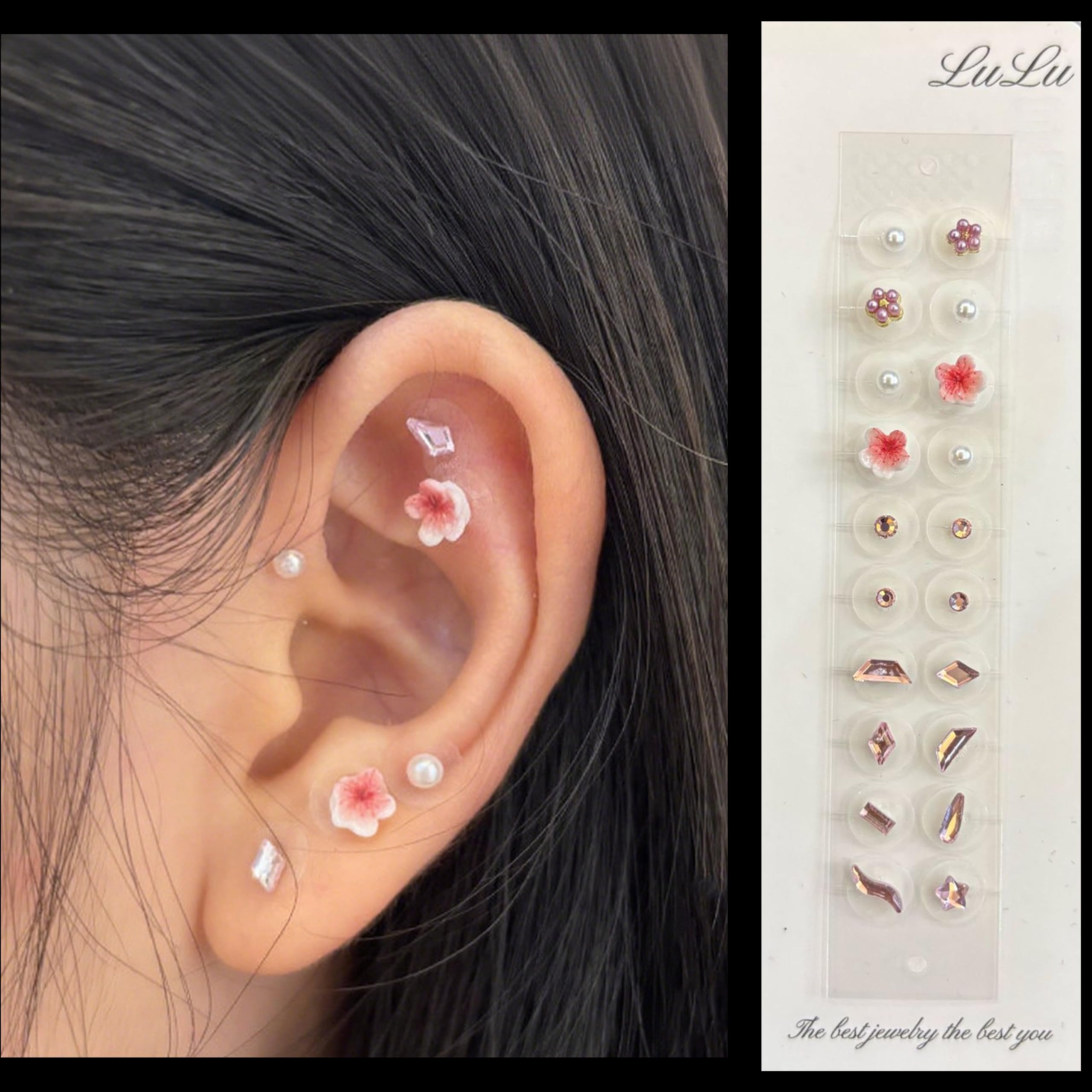 Close-up of silicone ear seed patches on skin