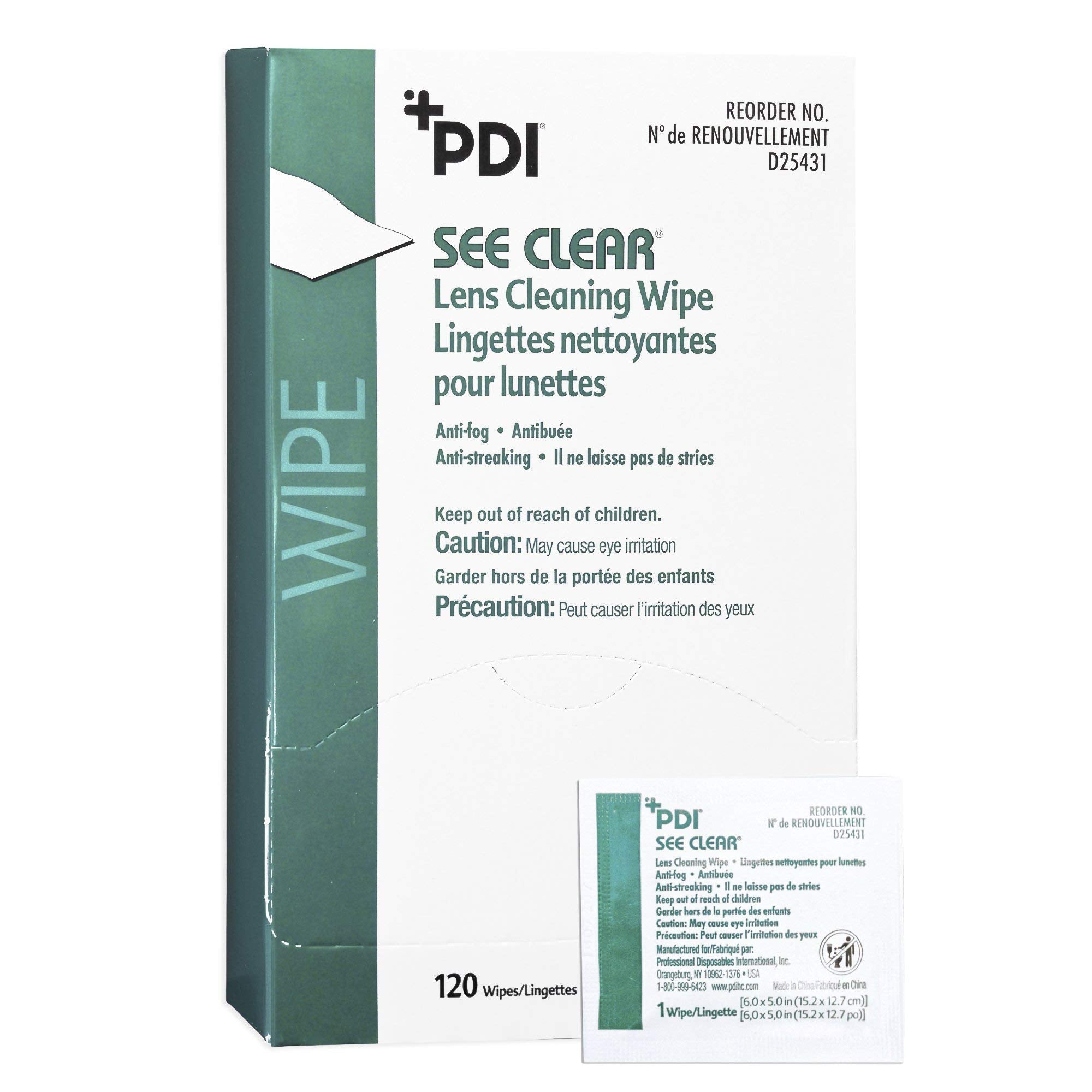Box of PDI See Clear Lens Cleaning Wipes with 120 individually wrapped wipes (6 x 5 inches)