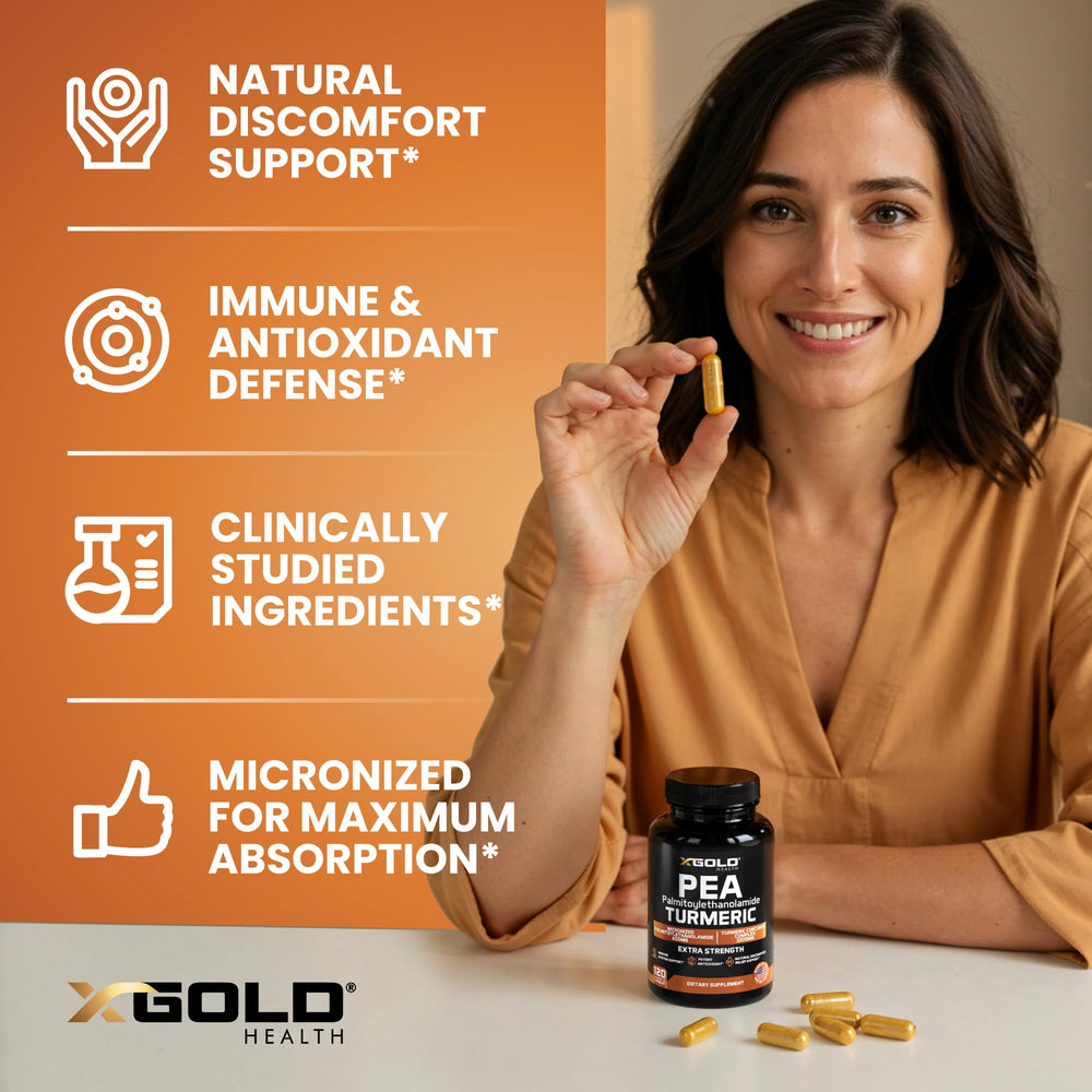 Back label detailing ingredients and directions for Pea PEA + Turmeric Curcumin Complex