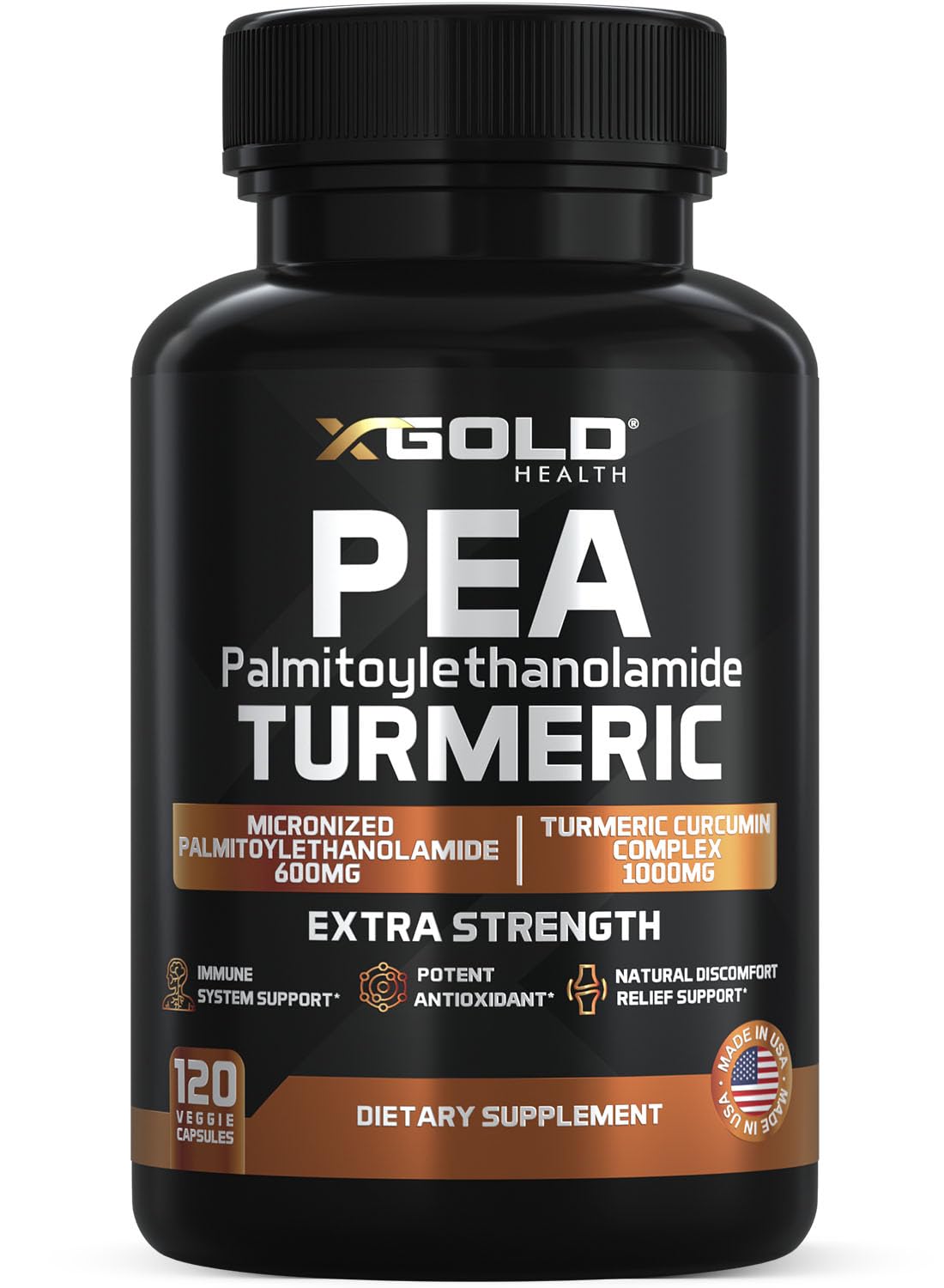Front view of Pea Palmitoylethanolamide + Turmeric Curcumin Complex bottle