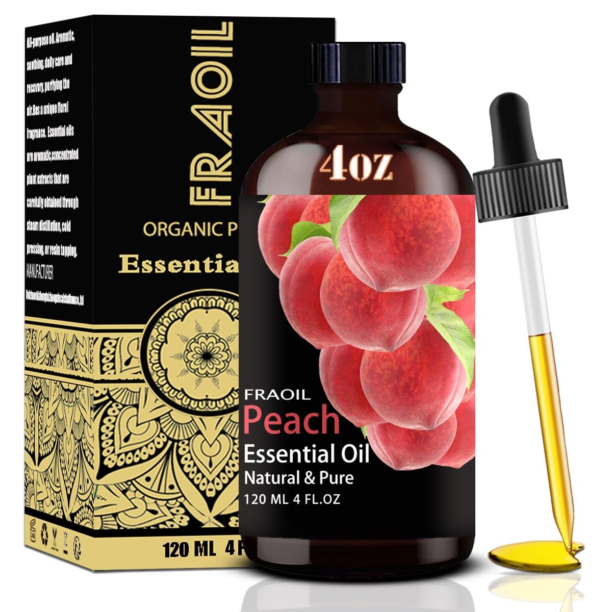Peach essential oil in a 4 oz (120 ml) amber glass bottle