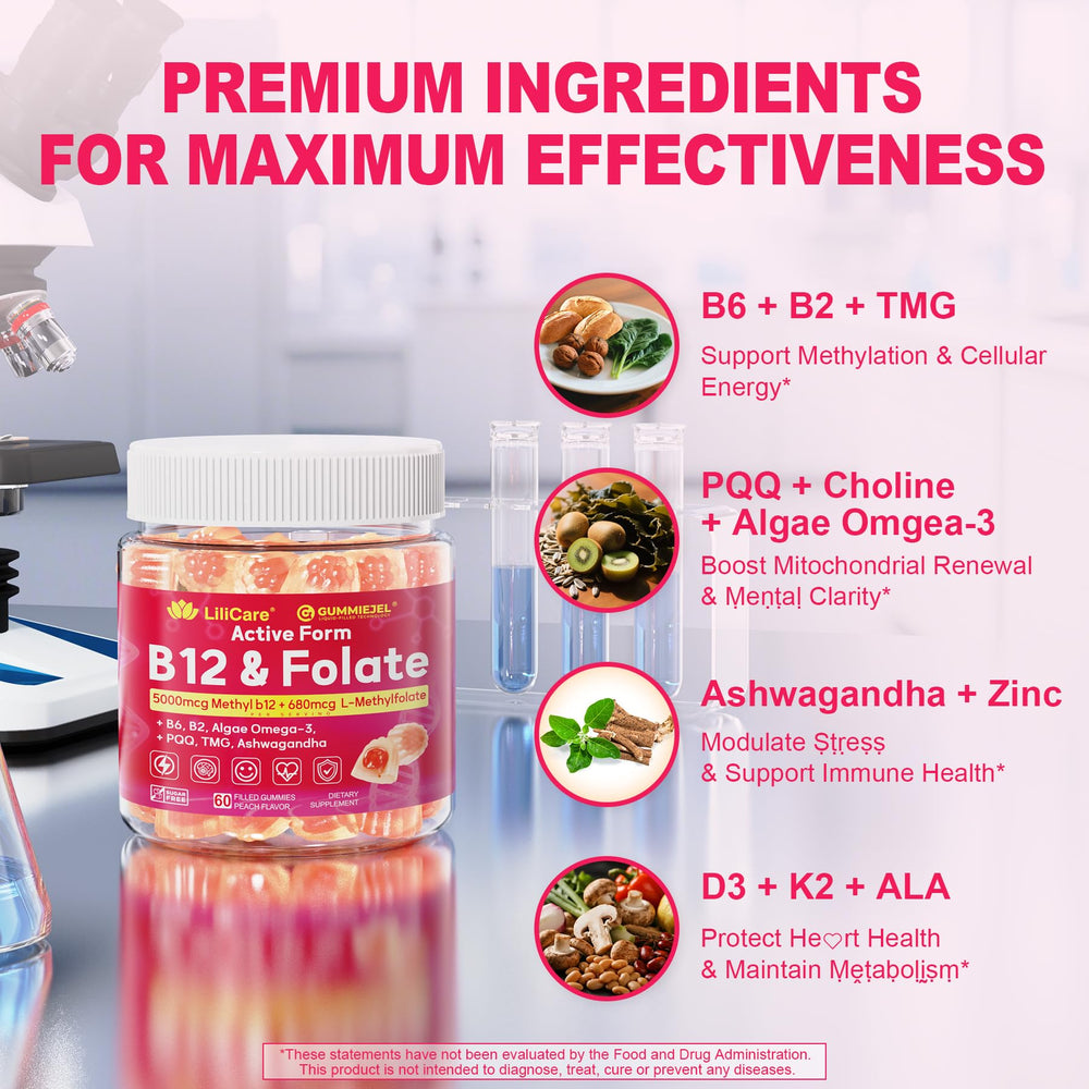 Peach-flavored methyl B12 and folate gummies