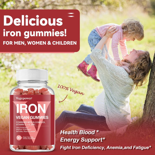 Peach flavored vegan iron gummies packaging