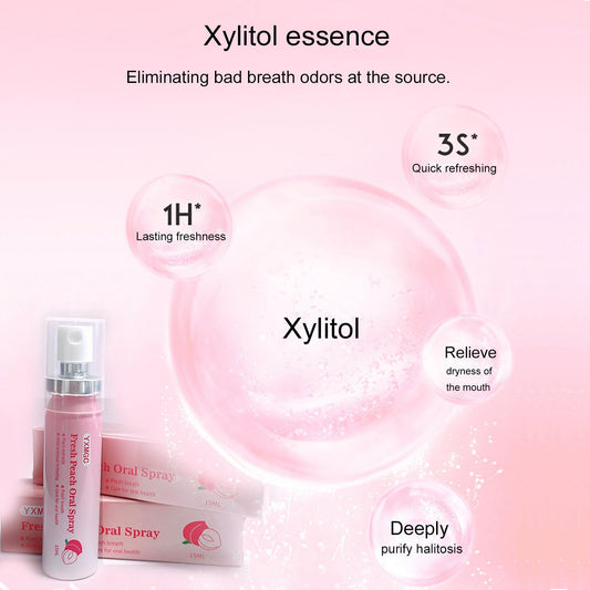 Alcohol-free mouth spray label showing Peach Mint flavor