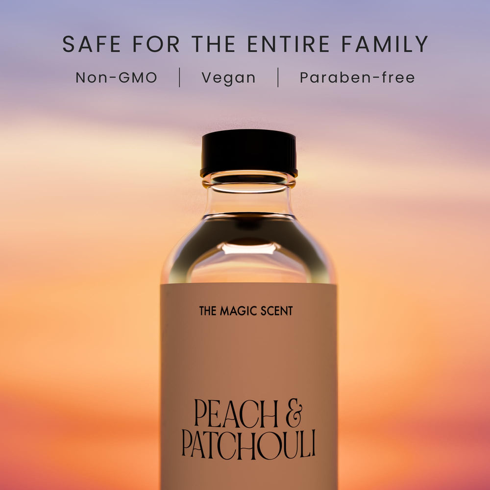 Close-up of Peach & Patchouli diffuser oil label