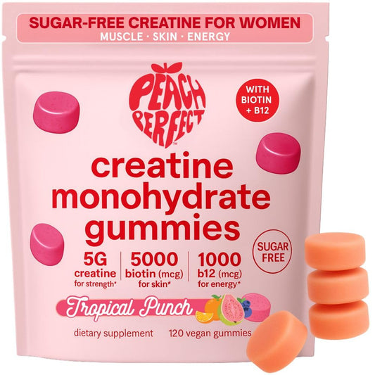 Peach Perfect Creatine Monohydrate Gummies bottle on a white background