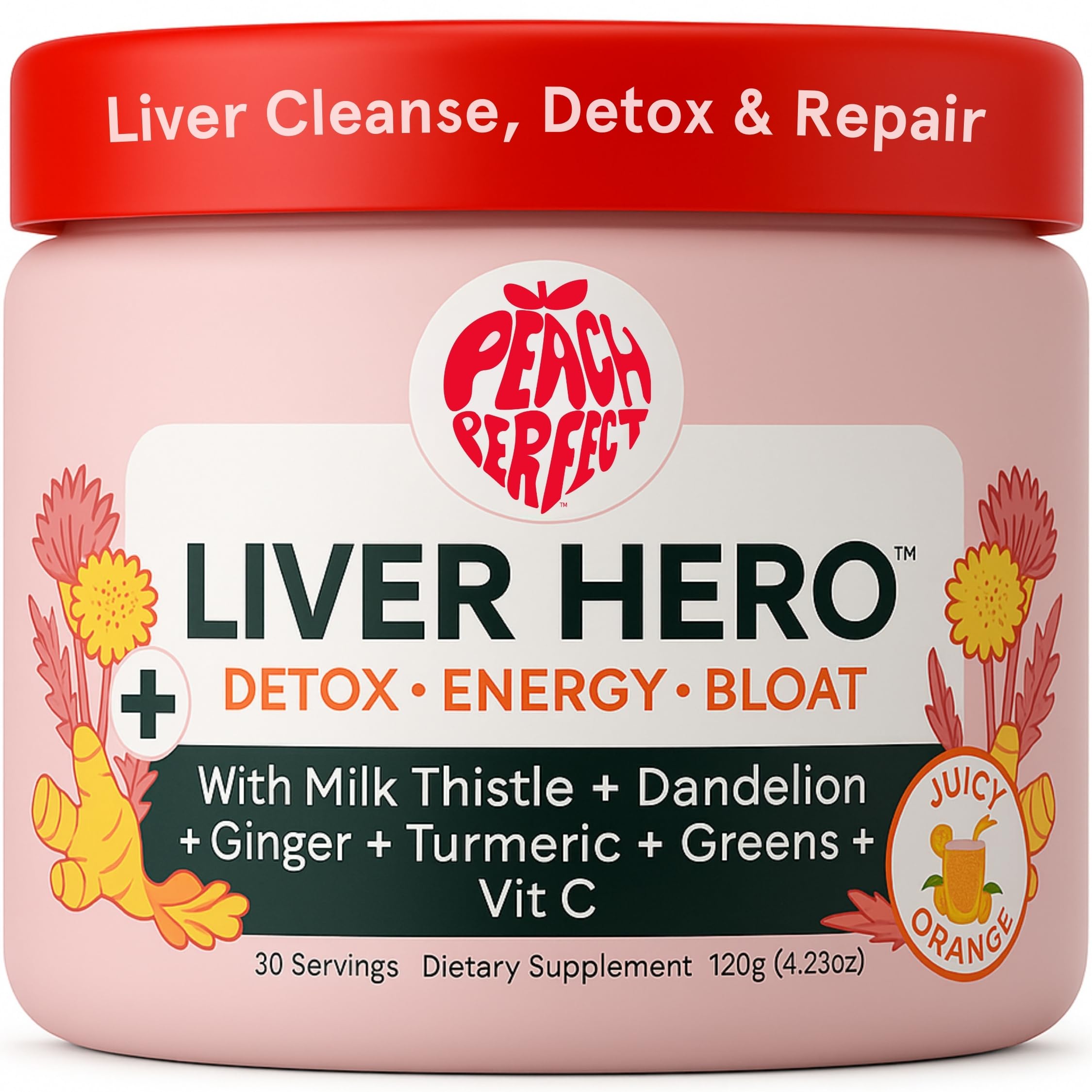 Peach Perfect Liver Hero bottle with orange-flavored powder scoop on a white background