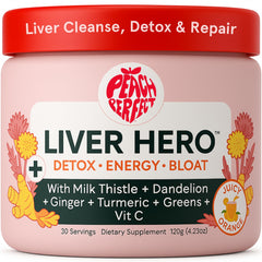 Peach Perfect Liver Hero bottle with orange-flavored powder scoop on a white background