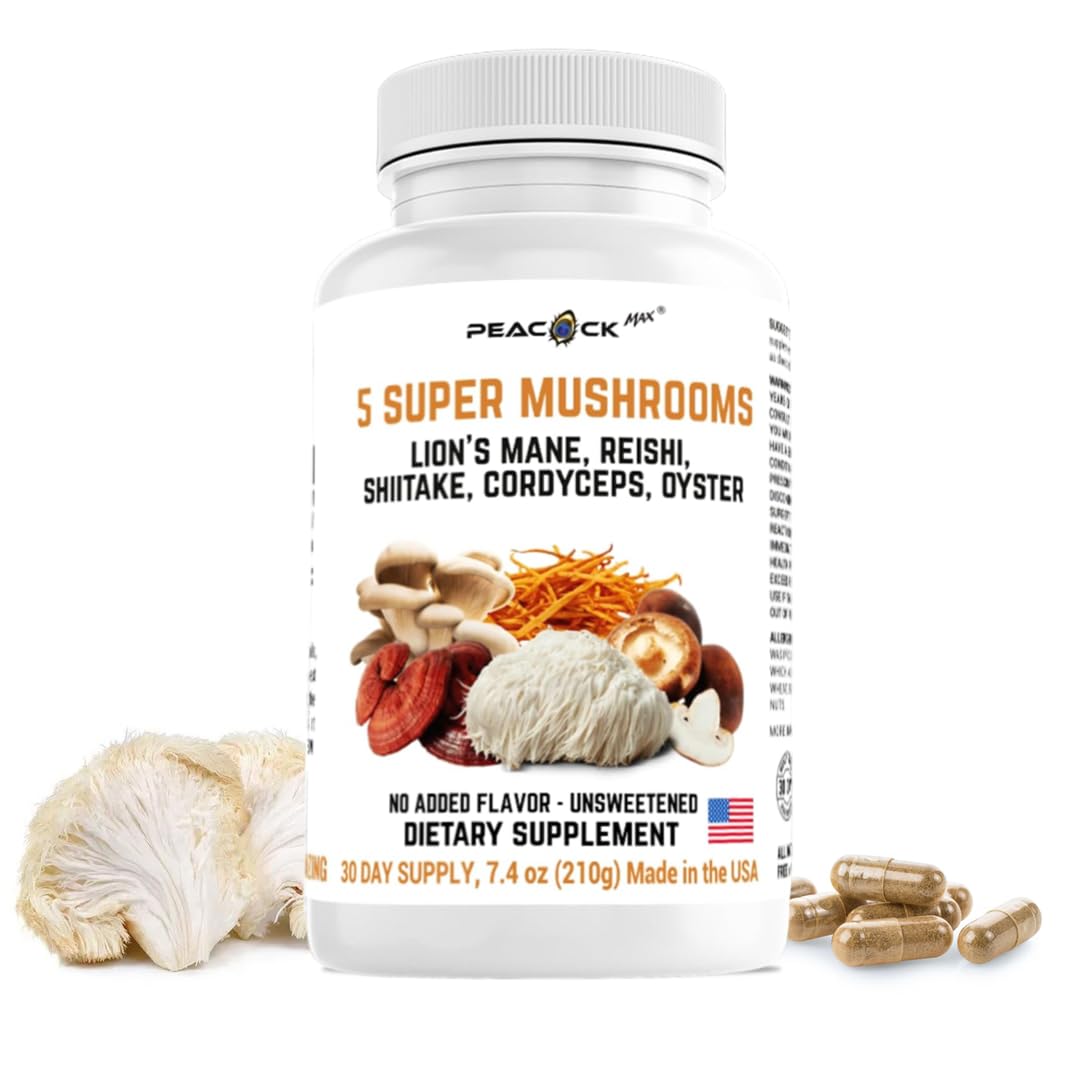 Peacock Max 5 Mushrooms Capsules bottle with Lion’s Mane, Reishi, Shiitake, Cordyceps, and Oyster mushrooms