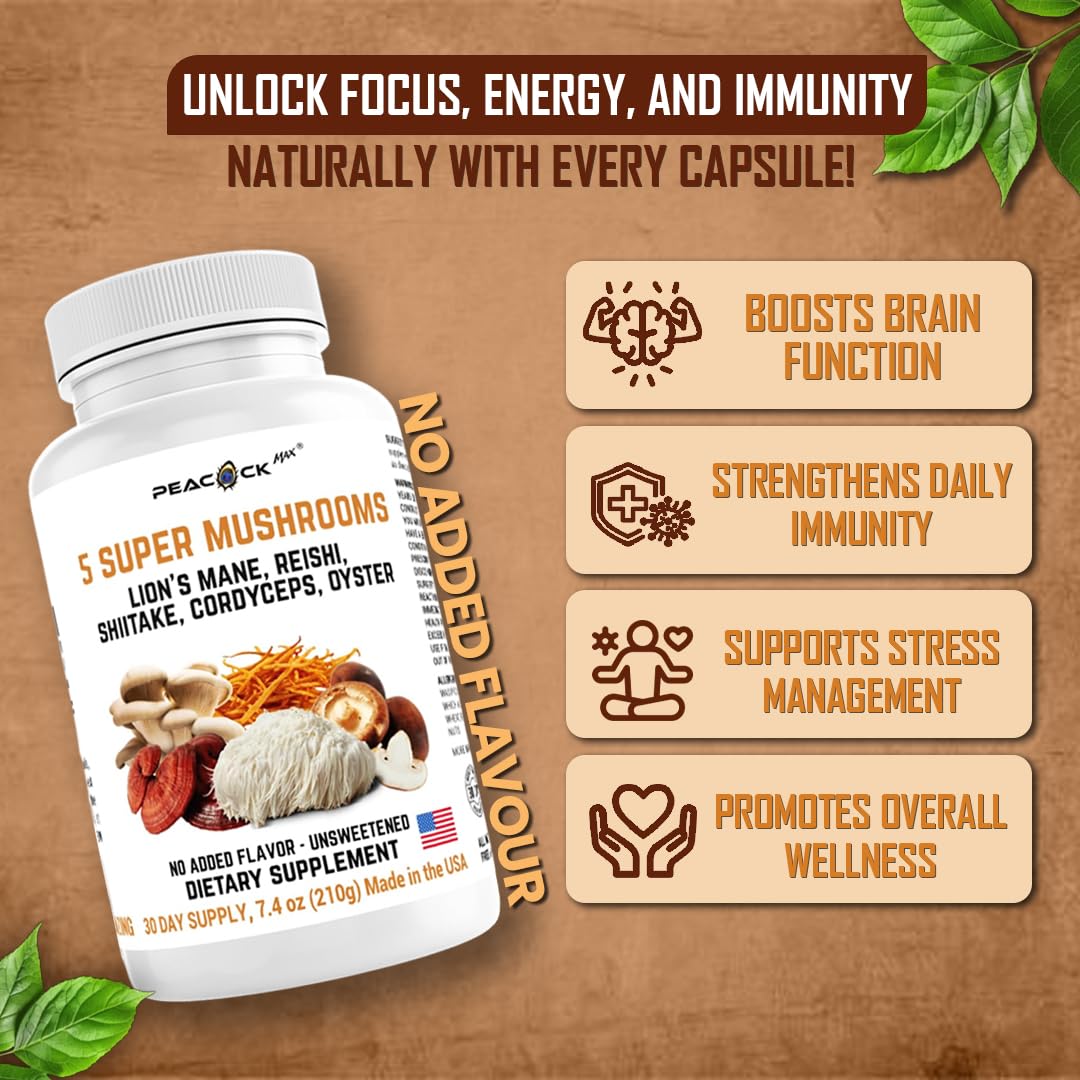 Close-up of Peacock Max 5 Mushrooms capsule showing five-mushroom blend