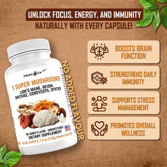 Close-up of Peacock Max 5 Mushrooms capsule showing five-mushroom blend