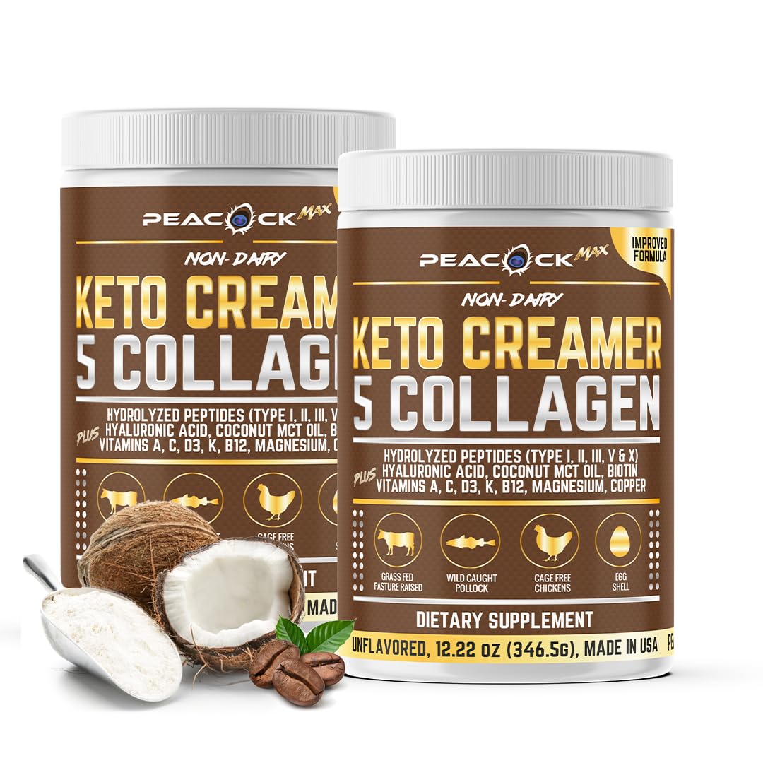 2-pack 24.44 oz Peacock Max Collagen Keto Creamer Powder - unflavored, coconut MCT